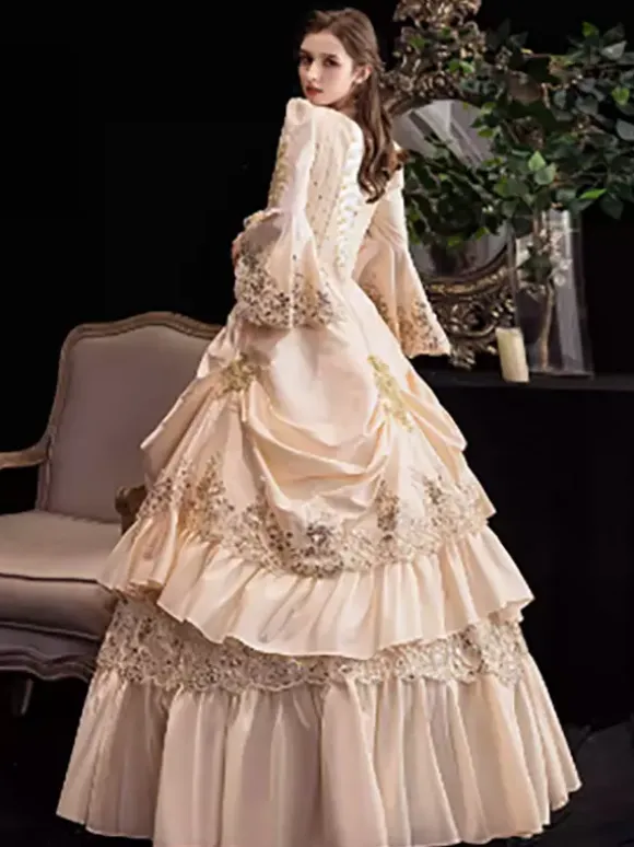 Champagne Retro Tudor Dress Costumes Women's Ruffles Marie Antoinette Costume Polyester Dress Renaissance 18th Century Costume