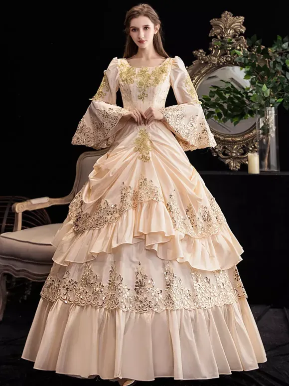 Champagne Retro Tudor Dress Costumes Women's Ruffles Marie Antoinette Costume Polyester Dress Renaissance 18th Century Costume