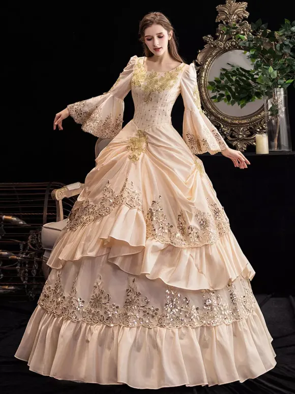 Champagne Retro Tudor Dress Costumes Women's Ruffles Marie Antoinette Costume Polyester Dress Renaissance 18th Century Costume