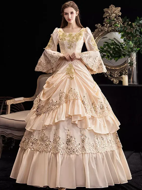 Champagne Retro Tudor Dress Costumes Women's Ruffles Marie Antoinette Costume Polyester Dress Renaissance 18th Century Costume