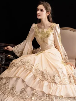 Champagne Retro Tudor Dress Costumes Women's Ruffles Marie Antoinette Costume Polyester Dress Renaissance 18th Century Costume