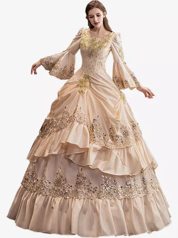 Champagne Retro Tudor Dress Costumes Women's Ruffles Marie Antoinette Costume Polyester Dress Renaissance 18th Century Costume