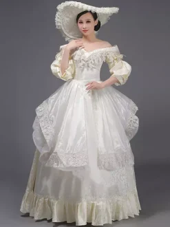 Champagne Retro Tudor Dress Costumes Women's Lace Ruffles Polyester Marie Antoinette Costume Tunic Dress Hat Vintage Masquerade Ball Gown
