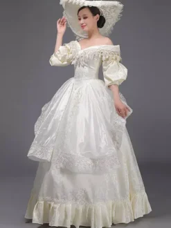 Champagne Retro Tudor Dress Costumes Women's Lace Ruffles Polyester Marie Antoinette Costume Tunic Dress Hat Vintage Masquerade Ball Gown