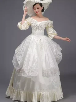 Champagne Retro Tudor Dress Costumes Women's Lace Ruffles Polyester Marie Antoinette Costume Tunic Dress Hat Vintage Masquerade Ball Gown