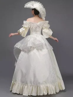 Champagne Retro Tudor Dress Costumes Women's Lace Ruffles Polyester Marie Antoinette Costume Tunic Dress Hat Vintage Masquerade Ball Gown