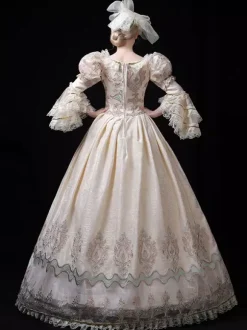 Champagne Victorian Rococo Dress Lace Trim Flared Sleeves Floral Printed Long Ball Gown Dress