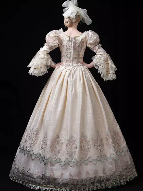 Champagne Victorian Rococo Dress Lace Trim Flared Sleeves Floral Printed Long Ball Gown Dress