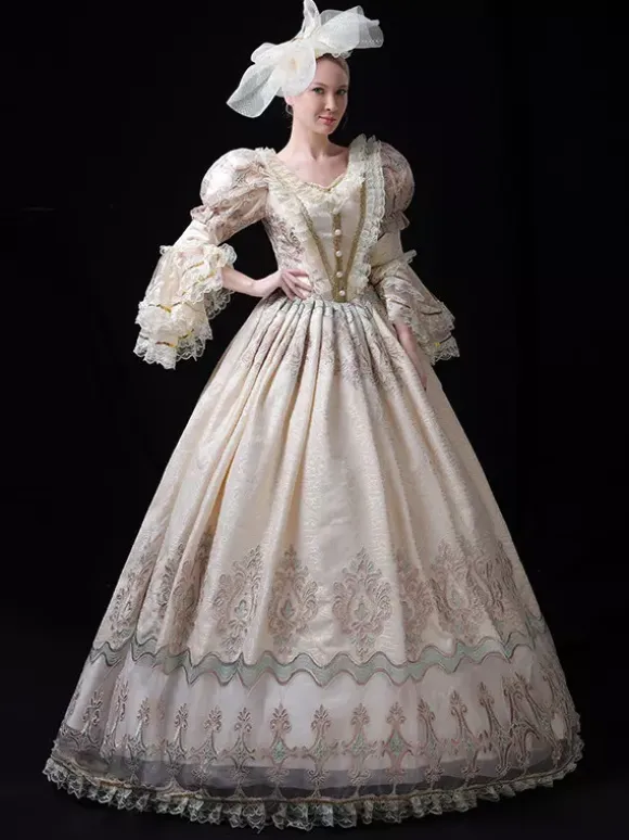Champagne Victorian Rococo Dress Lace Trim Flared Sleeves Floral Printed Long Ball Gown Dress