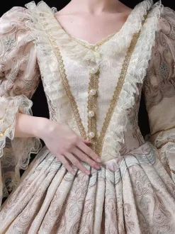 Champagne Victorian Rococo Dress Lace Trim Flared Sleeves Floral Printed Long Ball Gown Dress