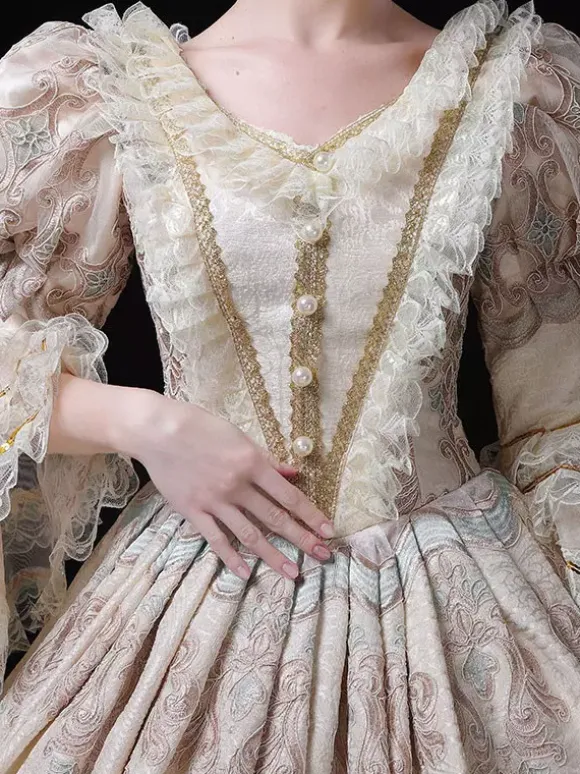 Champagne Victorian Rococo Dress Lace Trim Flared Sleeves Floral Printed Long Ball Gown Dress