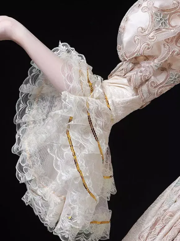 Champagne Victorian Rococo Dress Lace Trim Flared Sleeves Floral Printed Long Ball Gown Dress