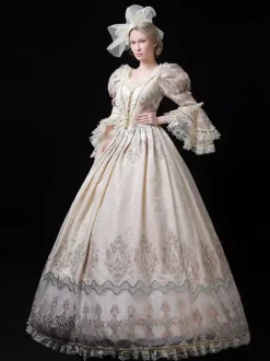 Champagne Victorian Rococo Dress Lace Trim Flared Sleeves Floral Printed Long Ball Gown Dress