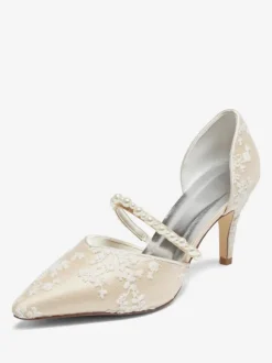 Champagne Wedding Shoes Lace Pearls Flower Embrodered Bridal Pumps
