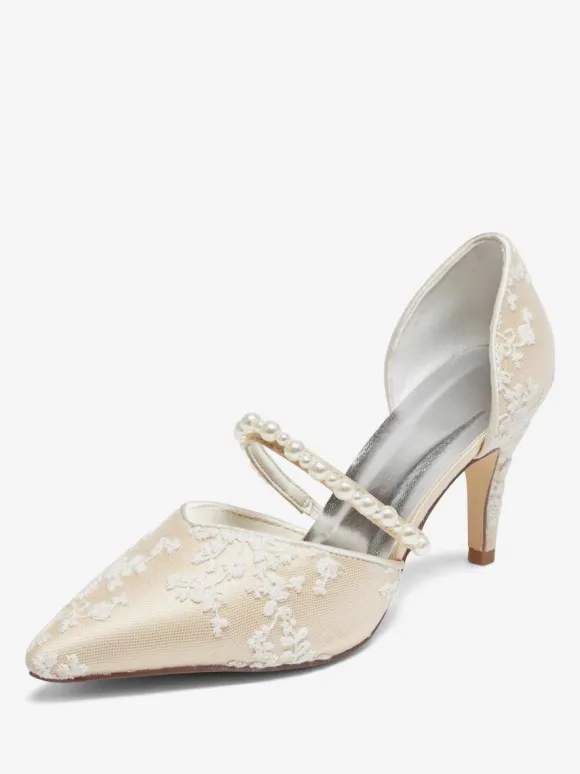 Champagne Wedding Shoes Lace Pearls Flower Embrodered Bridal Pumps