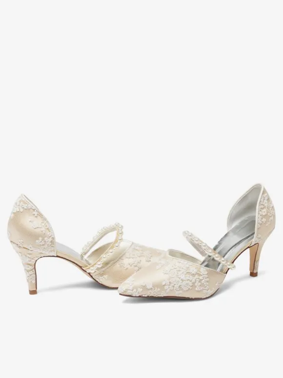 Champagne Wedding Shoes Lace Pearls Flower Embrodered Bridal Pumps