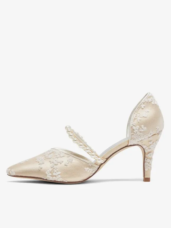 Champagne Wedding Shoes Lace Pearls Flower Embrodered Bridal Pumps