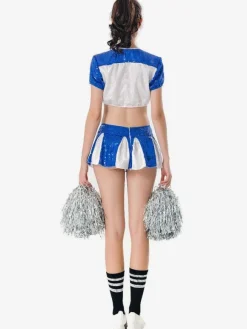 Cheer Leader Costume Women Blue Two Tone Sexy Mini Skirt With Crop Top