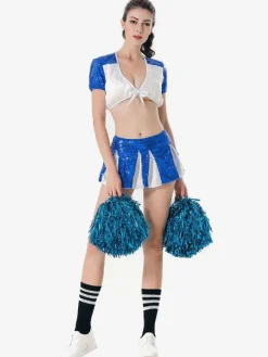Cheer Leader Costume Women Blue Two Tone Sexy Mini Skirt With Crop Top
