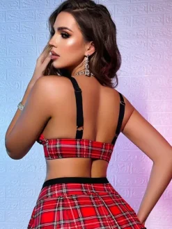 Cheer Leader Costume Women's Red Plaid Polyester Top Mini Skirt Sets