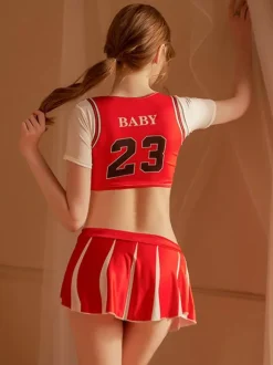 Cheer Leader Costume Women's Red Two-Tone Polyester Top Skirt