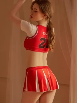 Cheer Leader Costume Women's Red Two-Tone Polyester Top Skirt