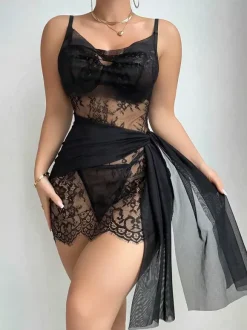 Chemise Black Lace Trim Babydoll Sheer Wrap Tulle Nightwear Lingerie