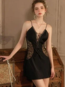 Chemise For Women Black Silk-like Lace Sheer Lingerie