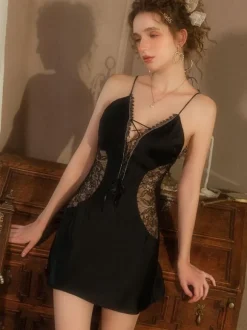 Chemise For Women Black Silk-like Lace Sheer Lingerie