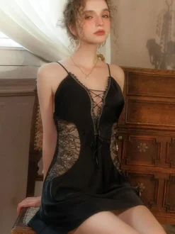 Chemise For Women Black Silk-like Lace Sheer Lingerie