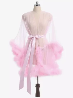 Chemise For Women Pink Polyester Feathers Stripes Sheer Lingerie