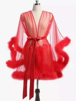 Chemise For Women Pink Polyester Feathers Stripes Sheer Lingerie