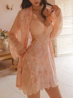 Chemise Salmon Lace Up Pink Lace Backless Lingerie Floral Pattern Slip Dress