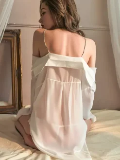 Chemise White T-Strap Backless Sheer Button-Down Nightshirt Chiffon Lingerie