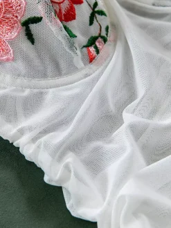 Chemise Women White Pleated Floral Print Lingerie Mini Dress