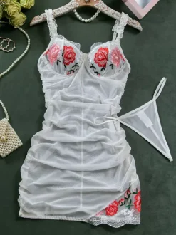 Chemise Women White Pleated Floral Print Lingerie Mini Dress