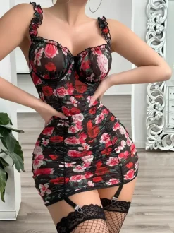 Chemise Black Lace Floral Print Sleeveless Pencil Bodycon Skirt Nightdress Lingerie