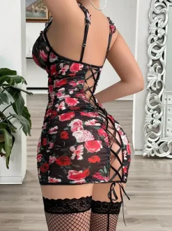 Chemise Black Lace Floral Print Sleeveless Pencil Bodycon Skirt Nightdress Lingerie