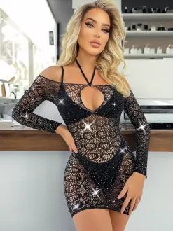 Chemise Black Nylon Rhinestones Lingerie Clubwear Sleepwear Dress