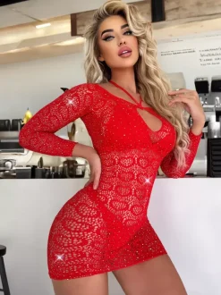 Chemise Black Nylon Rhinestones Lingerie Clubwear Sleepwear Dress