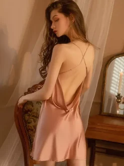 Chemise Burgundy Champagne Satin Chemise Nightgown Backless Lingerie