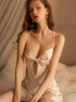 Chemise Burgundy Champagne Satin Chemise Nightgown Backless Lingerie