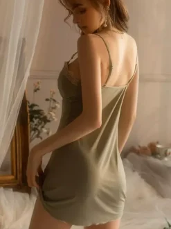 Chemise For Women Green Polyester Bows Backless Lingerie