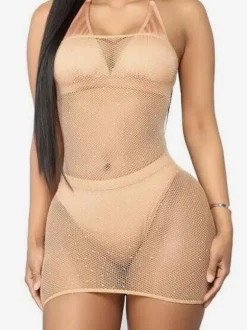 Chemise For Women Lycra Spandex Rhinestones Strapless Backless Black Lingerie