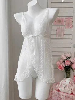 Chemise Pink Lace Backless Pink Polka Dot Sheer Bow Babydoll Lingerie