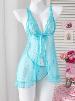 Chemise Pink Lace Backless Pink Polka Dot Sheer Bow Babydoll Lingerie