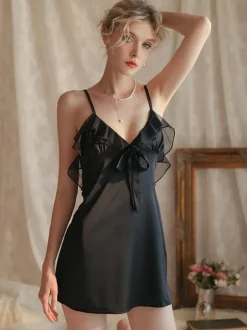 Chemise Ruffles Bow Solid Color Chemise