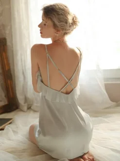 Chemise Ruffles Bow Solid Color Chemise