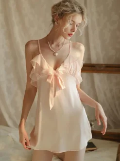 Chemise Ruffles Bow Solid Color Chemise