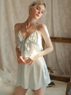 Chemise Ruffles Bow Solid Color Chemise